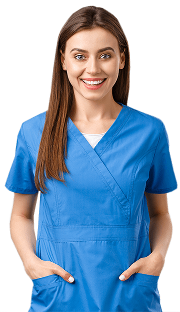 Nurse in blue scrubs smiling at camera